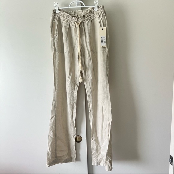 Roxy Oceanside Pants Khaki Beige Tan Loose Low Rise Cargo Linen Trouser Size XL - Picture 3 of 11